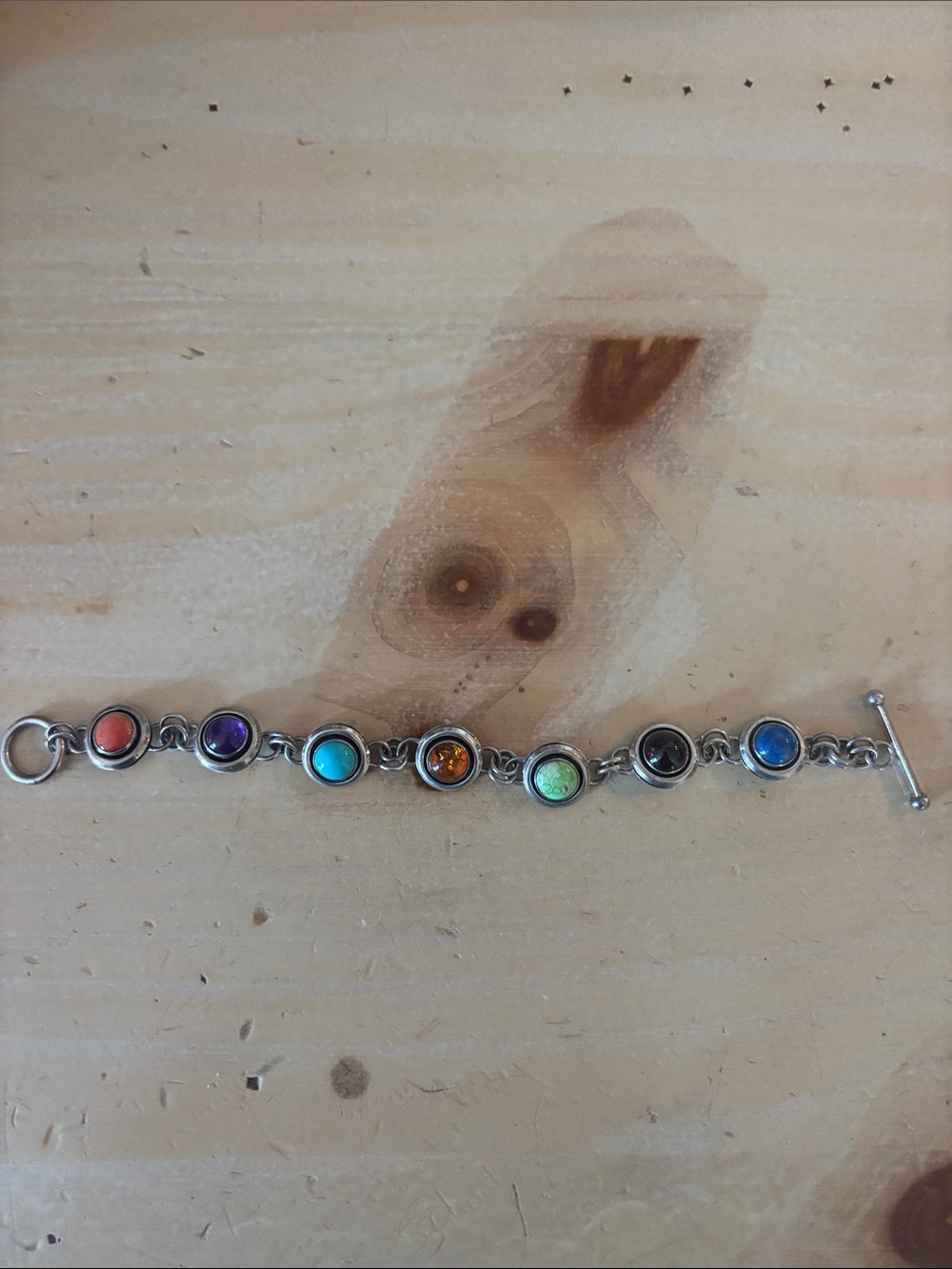 Sterling Silver Multi-Color Gemstone Circle Link Bracelet